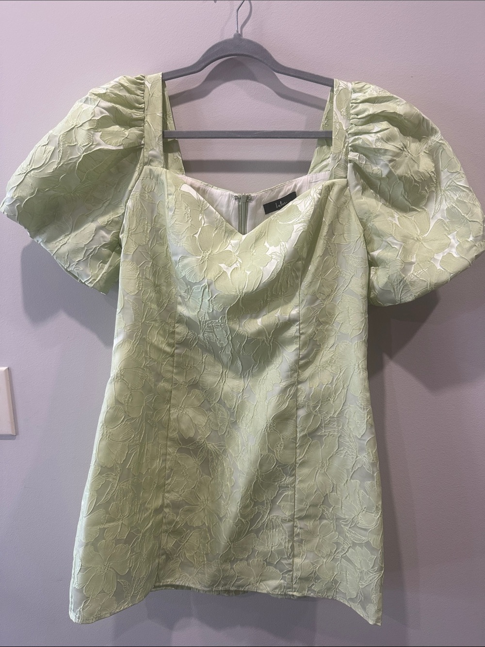 Lulu's Light Green Floral Jacquard Puff Sleeve Mini Dress